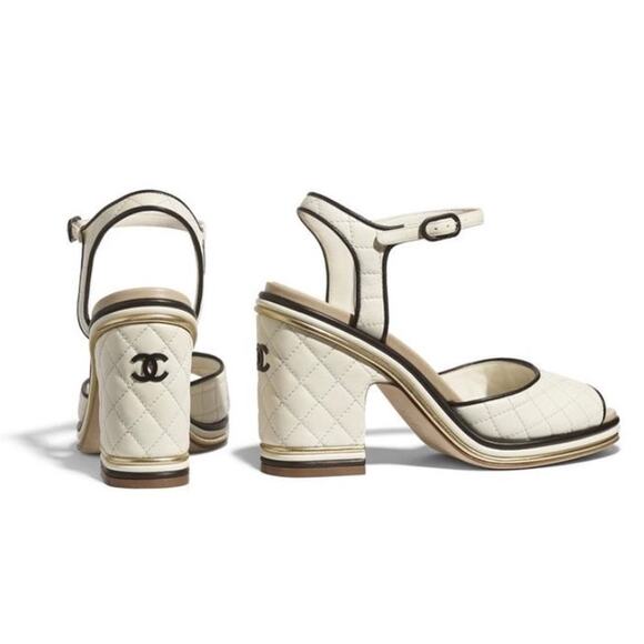 Chanel 2019 Quilted Lambskin CC Block Heeled Sandal in White - Picture 1 of 16